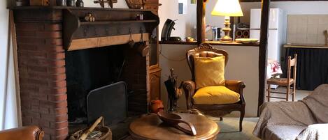 TV, caminetto, libri, impianto stereo