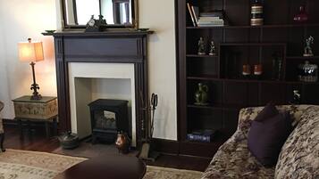 Smart TV, fireplace, books