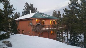 En stuga med ett grönt tak, en veranda och ett snötäckt landskap.
