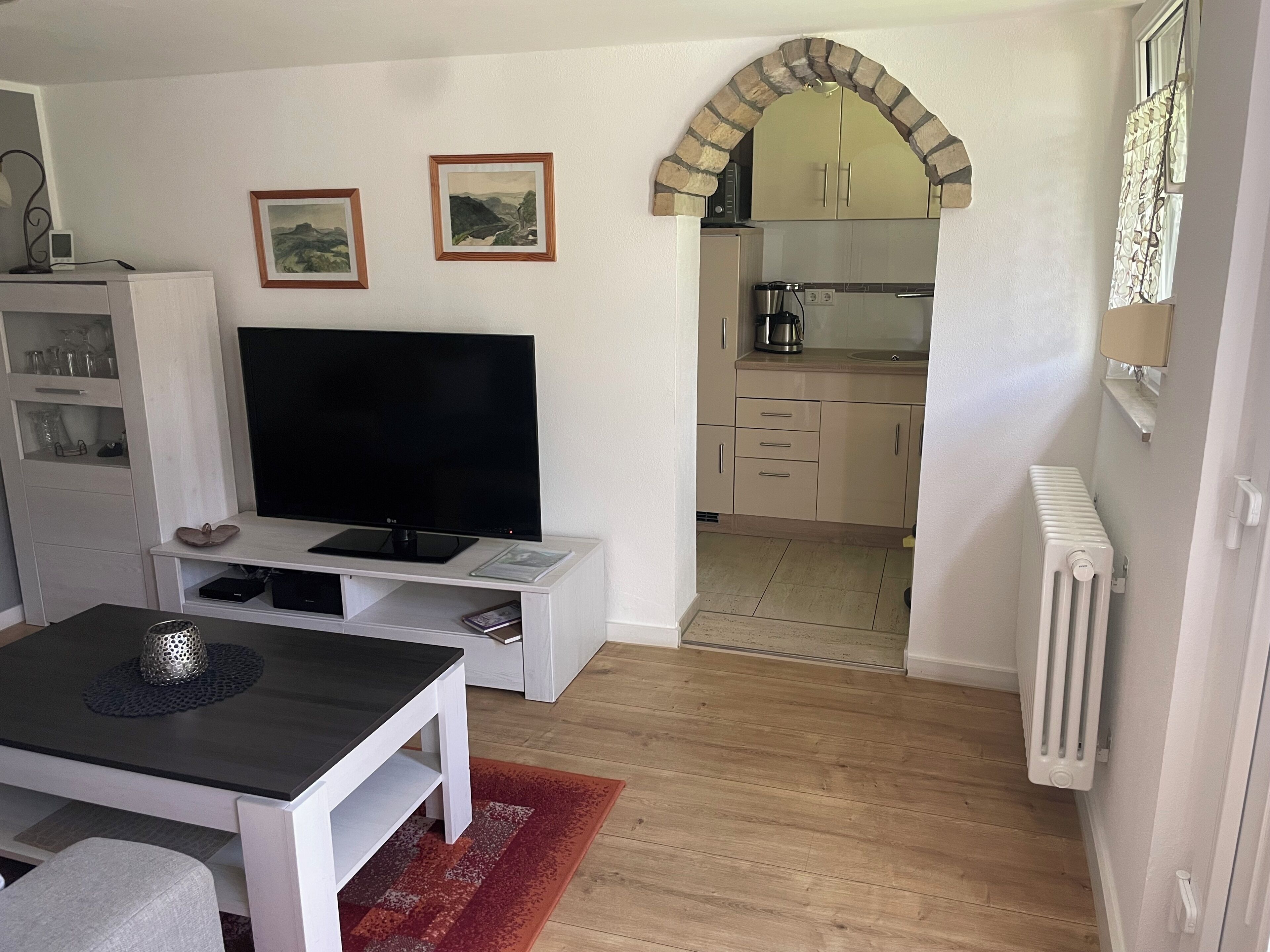 A compact living space with a flat-screen TV, a dining area with a table and chairs, a kitchen with cabinets and a countertop, and a radiator.