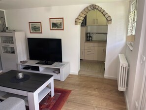 Un espacio habitable compacto con televisor de pantalla plana, una zona de comedor con mesa y sillas, una cocina con armarios y una encimera, y un radiador.