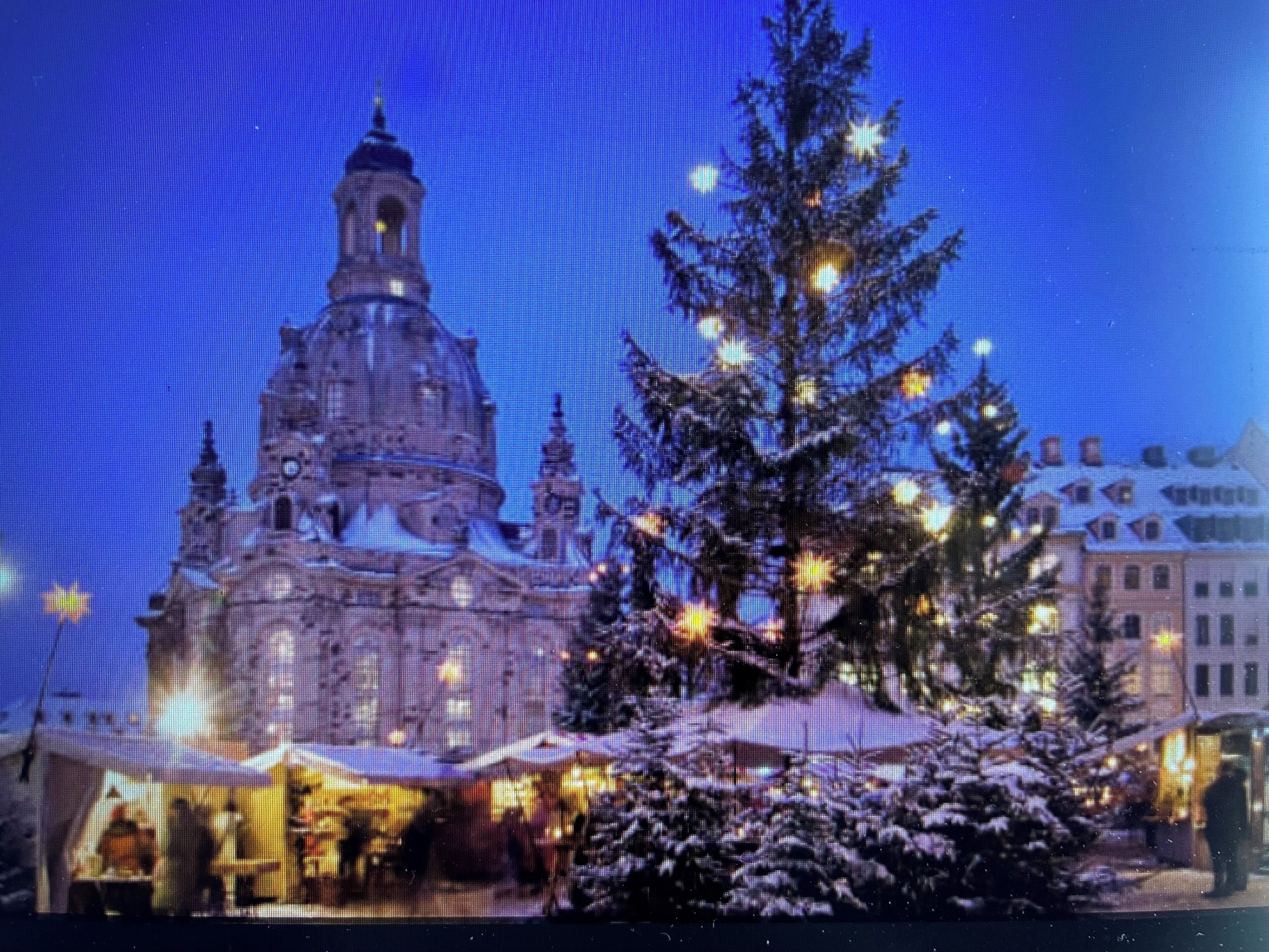 A building with a prominent dome and a large tree with lights, suggesting a festive setting.