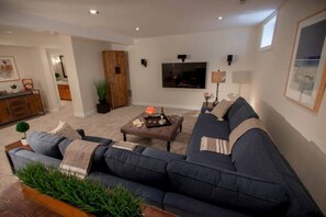 TV, fireplace, books, stereo