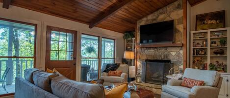 Smart TV, chimenea, libros y estéreo