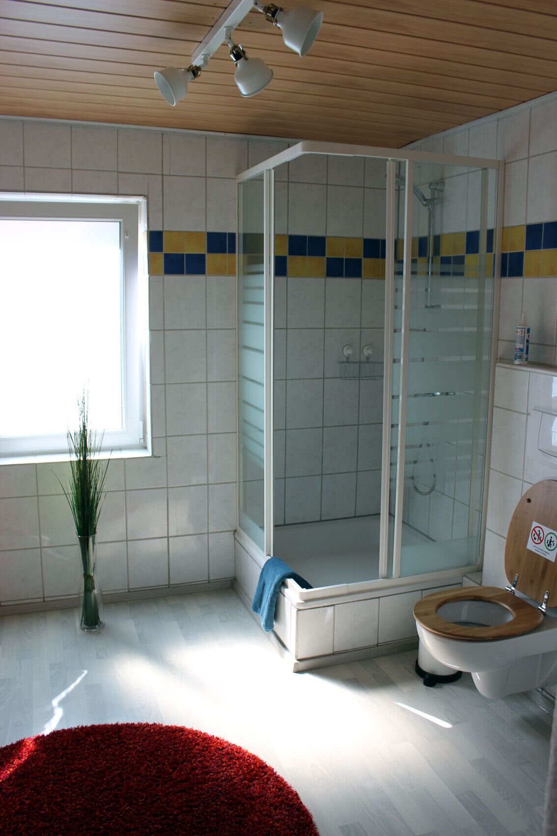 Un baño con ducha de vidrio, inodoro y ventana que deja entrar luz natural.