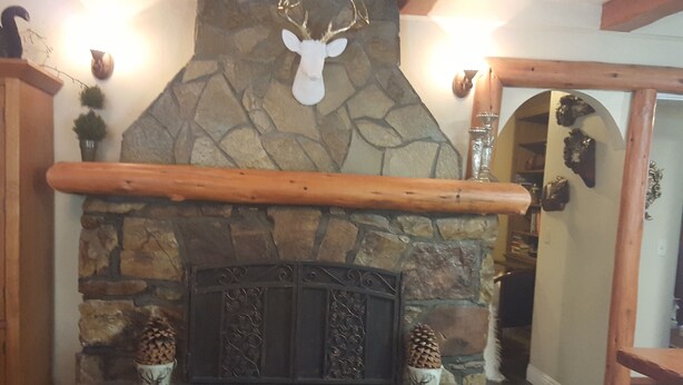 Una chimenea de piedra con un cabeza de ciervo, dos piñas y un fuste de madera.