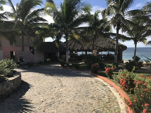 Un patio empedrado con palmeras, una estructura con techo de paja y vista al mar.