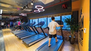 A gym with treadmills, a brick wall, and a large window. - Vistay (Hanoi)