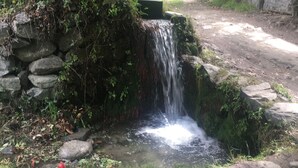 A small waterfall in a wooded area with a stone wall and a dirt path.