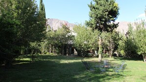 A grassy outdoor area with metal chairs and a table, surrounded by trees and a mountain in the background.