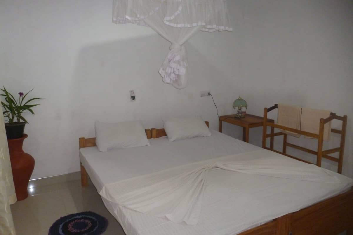 Quarto com cama, mesa de cabeceira, planta em vaso e mosquiteiro suspenso.