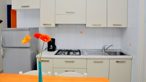 A kitchen with white cabinets, a gas stove, a sink, and a refrigerator. - Condominio Tucano (San Michele al Tagliamento)