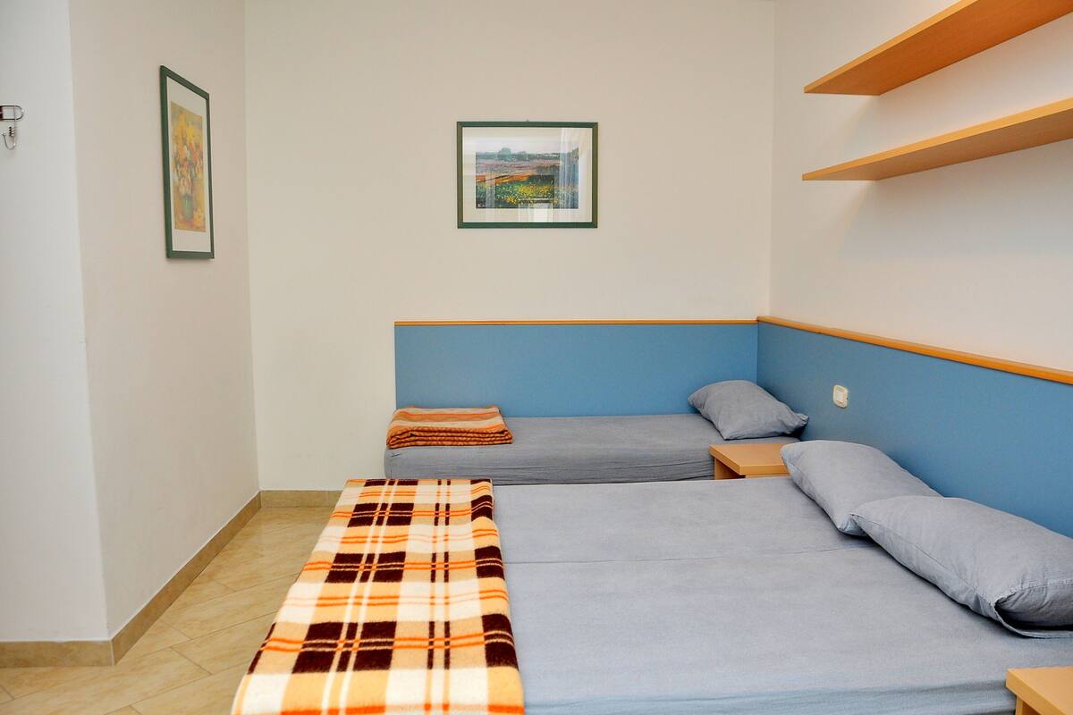 Una stanza piccola e modesta con due letti singoli, una testata blu, una coperta a quadri su un letto e un quadro appeso al muro.