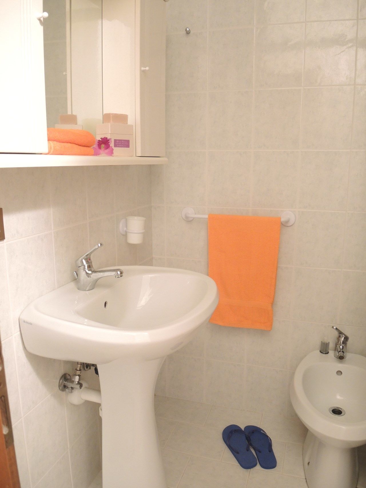 A bathroom with a sink, bidet, and a towel rack.