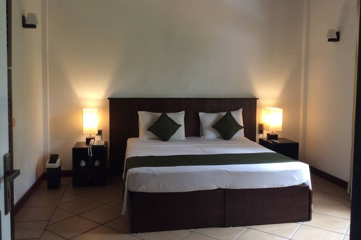Habitación doble estándar, 1 cama matrimonial, vista al jardín, planta baja | Caja de seguridad en la habitación, escritorio y cortinas blackout
