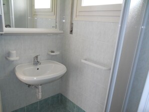 A bathroom with a white sink, a mirror above it, and a shower area. - Ville Schiera (San Michele al Tagliamento)