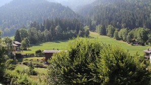 Un paisaje rural con un valle, casas dispersas y densas colinas boscosas.