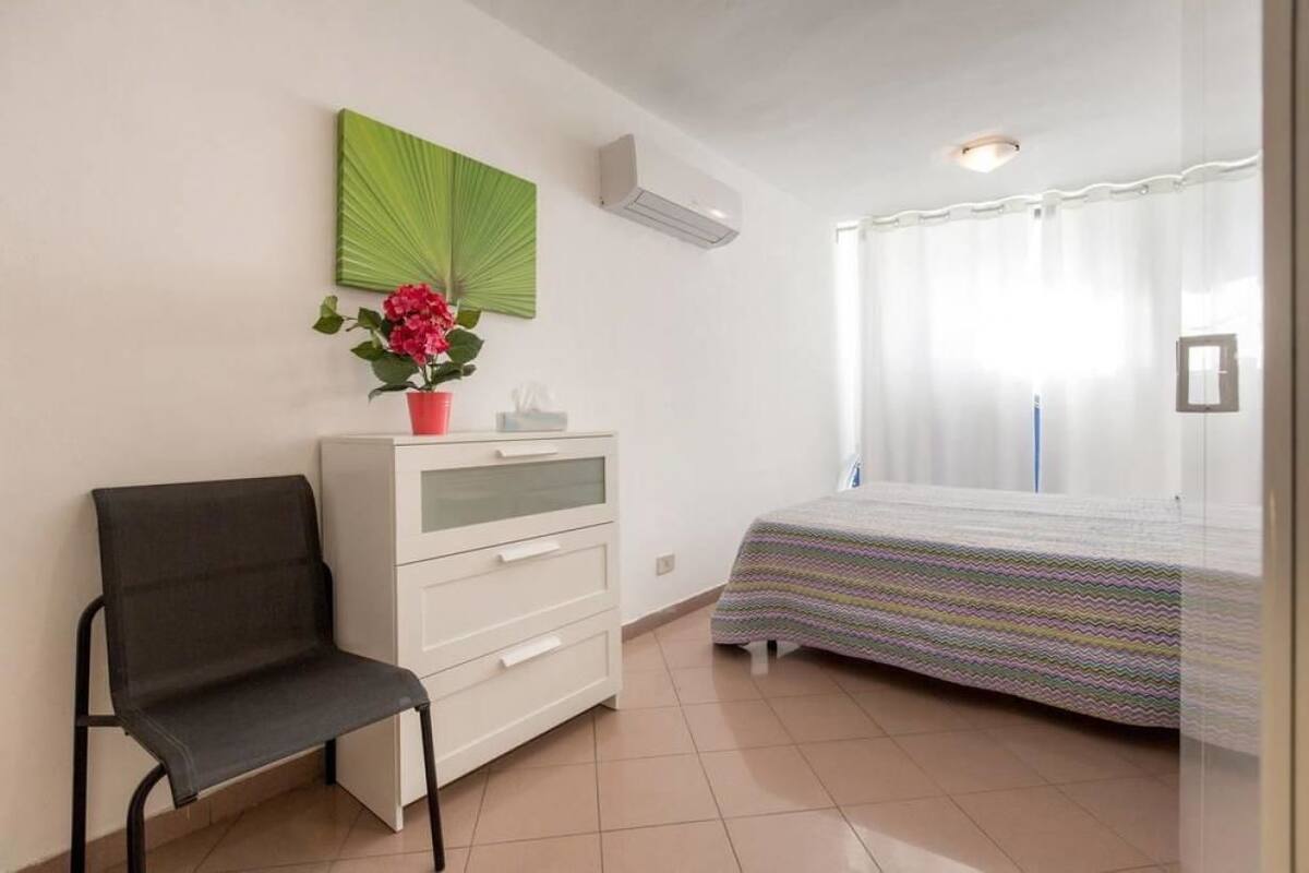A bedroom with a bed, a chair, a dresser, a potted plant, and a window with curtains.