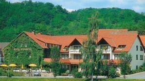 A hotel with a green facade, multiple balconies, and a view of a lake. - Flair Hotel Werbetal (Waldeck)