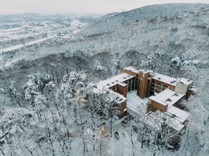 Un edificio moderno con un patio central rodeado de árboles cubiertos de nieve.