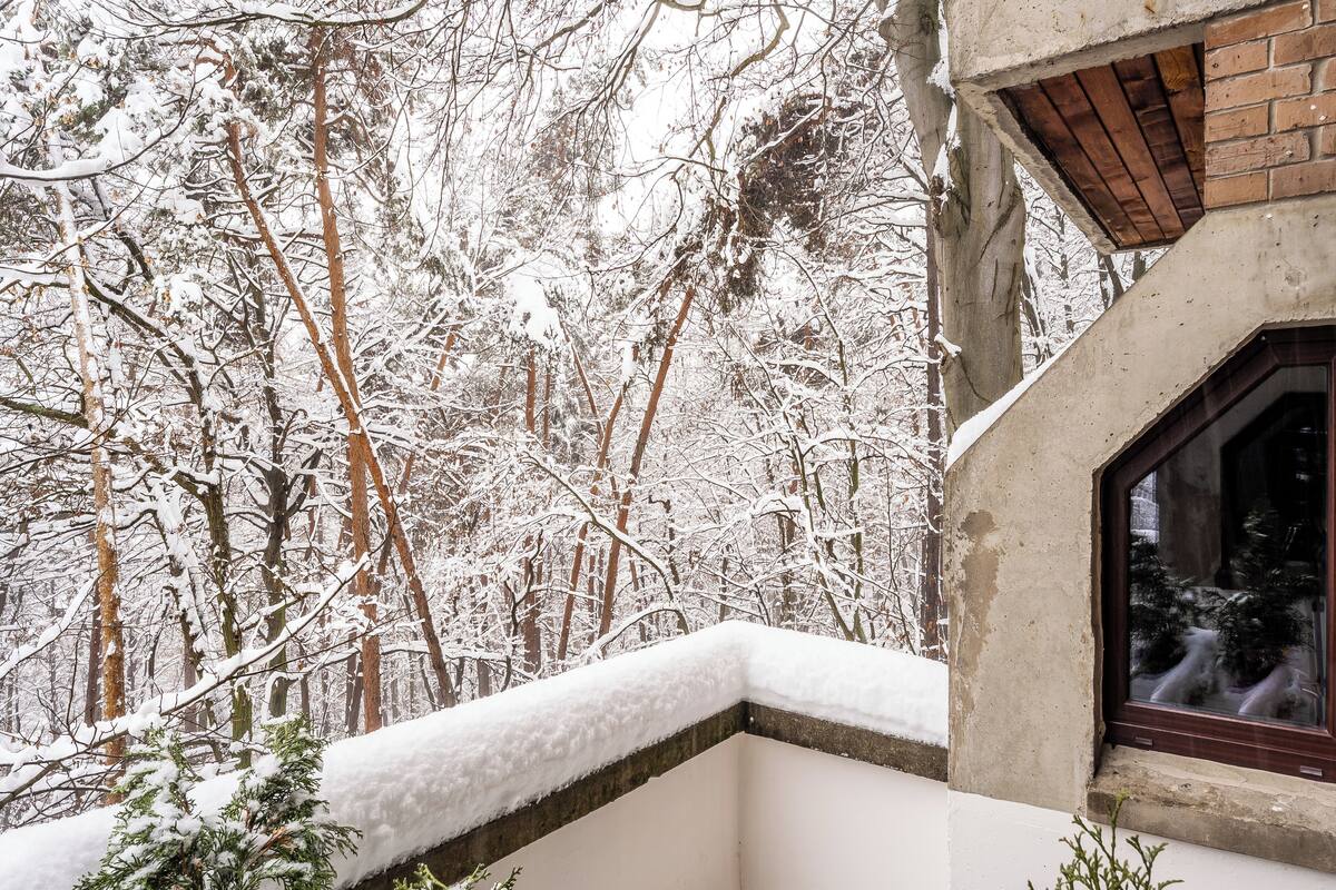 A snowy forested area with a building featuring a window and a balcony.