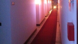 A long, narrow hallway with a red carpet, white walls, and multiple light fixtures along the ceiling. - Albergo Meublé La Corte (Bagnolo San Vito)