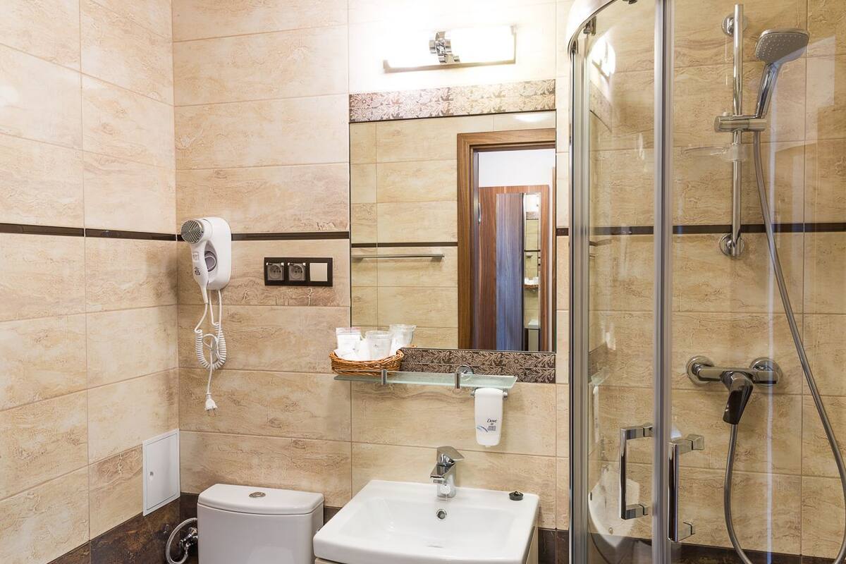 free toiletries, hair dryer, bathrobes, towels