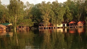 A lakeside property with wooden structures, some elevated on stilts, surrounded by dense trees.