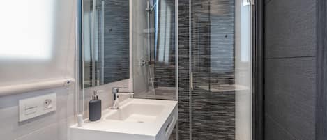 A modern bathroom with a glass shower enclosure, a white sink, and a mirror.