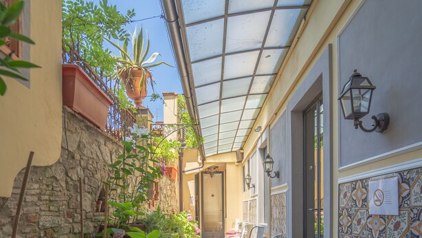 Un estrecho pasillo exterior con plantas en macetas y sillas, suelo de baldosas y techo de cristal.
