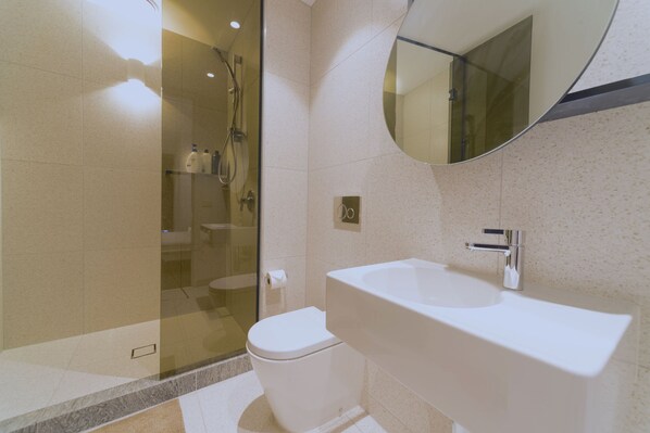 A modern bathroom with a glass-enclosed shower, a white sink, and a toilet.