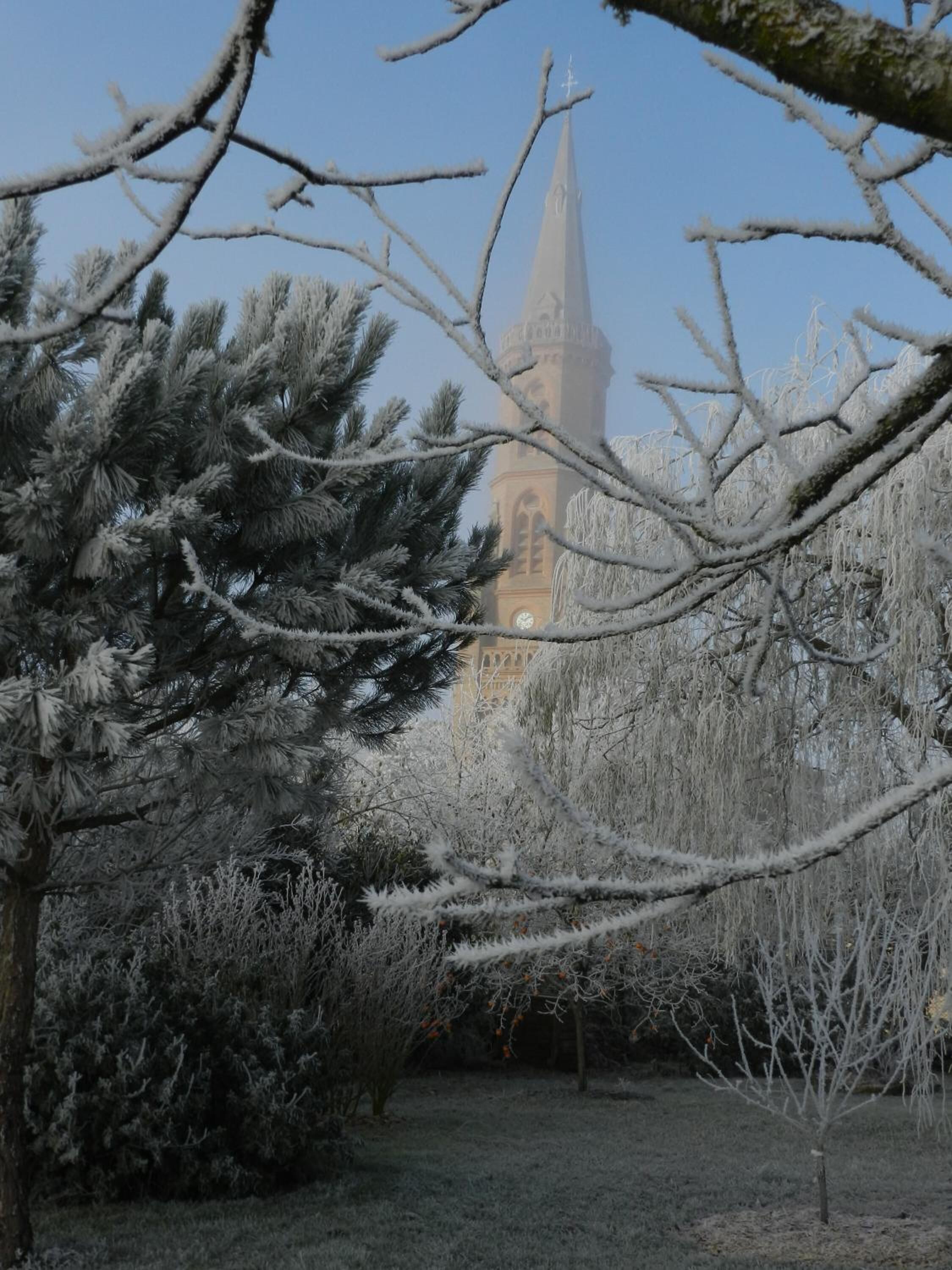 Een kerk met een hoge spits, omringd door met sneeuw bedekte bomen en struiken.