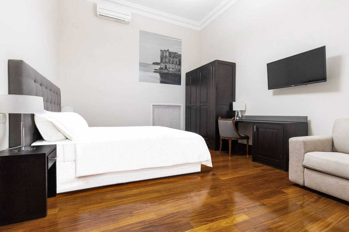 A hotel room with a bed, a desk, a chair, a TV, and a couch.