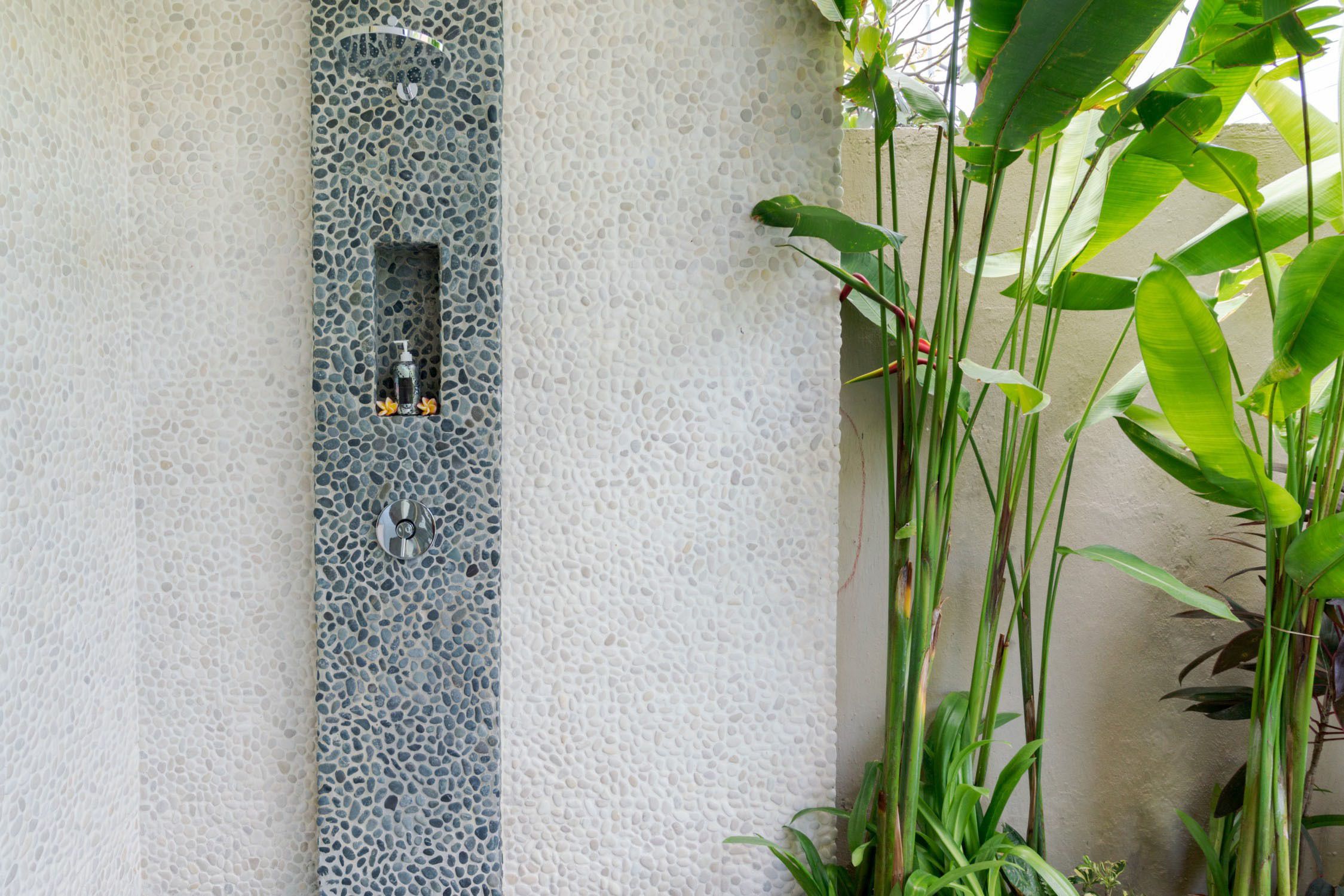 A textured wall with a narrow vertical section of mosaic tiles, a small shelf with a bottle and a container, and green plants growing beside the wall.