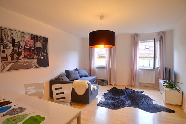 living room with the historical view to the historical house of Balthasar Neuman