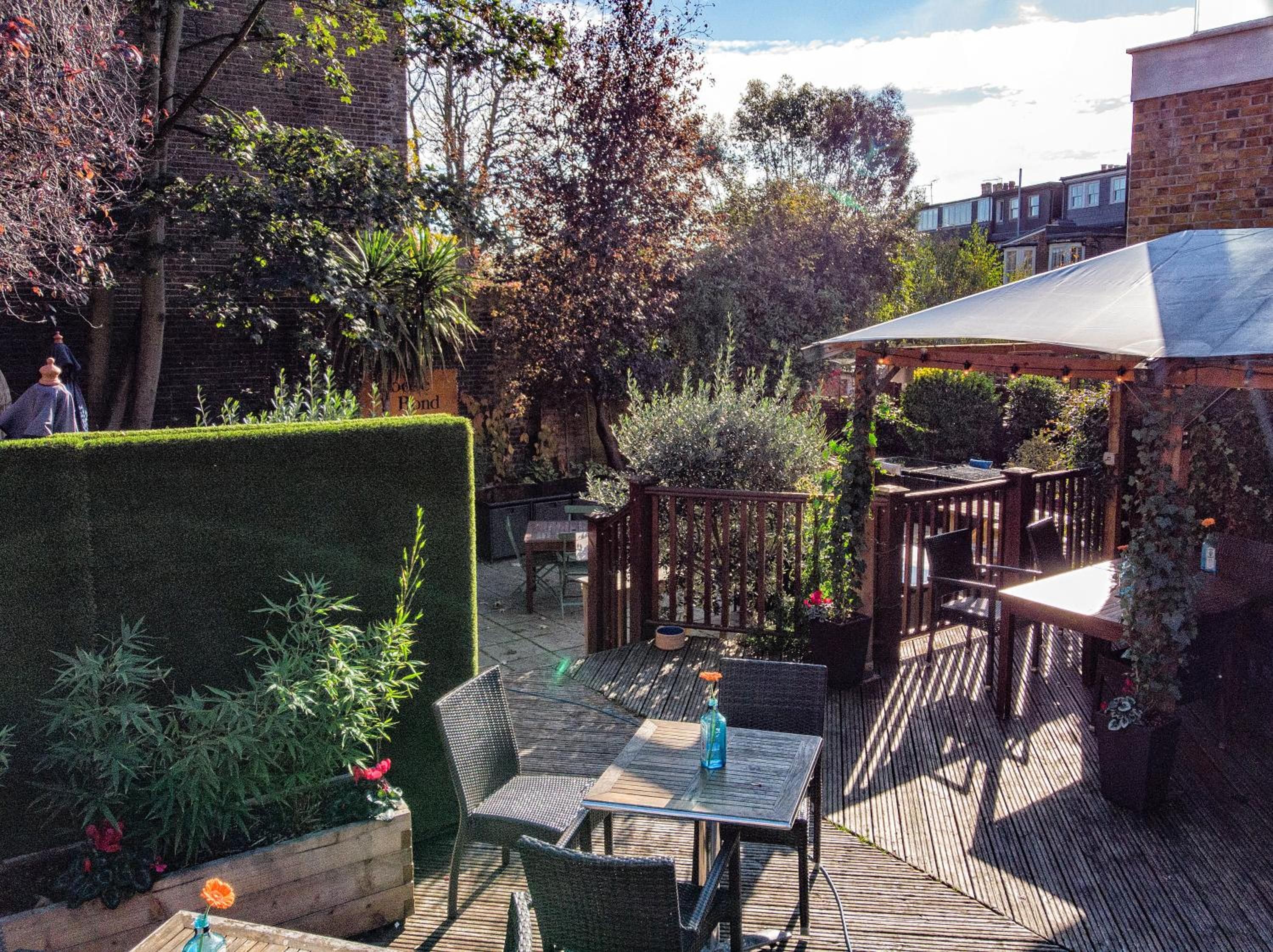 A patio area with a table and chairs, surrounded by greenery and a wooden fence.