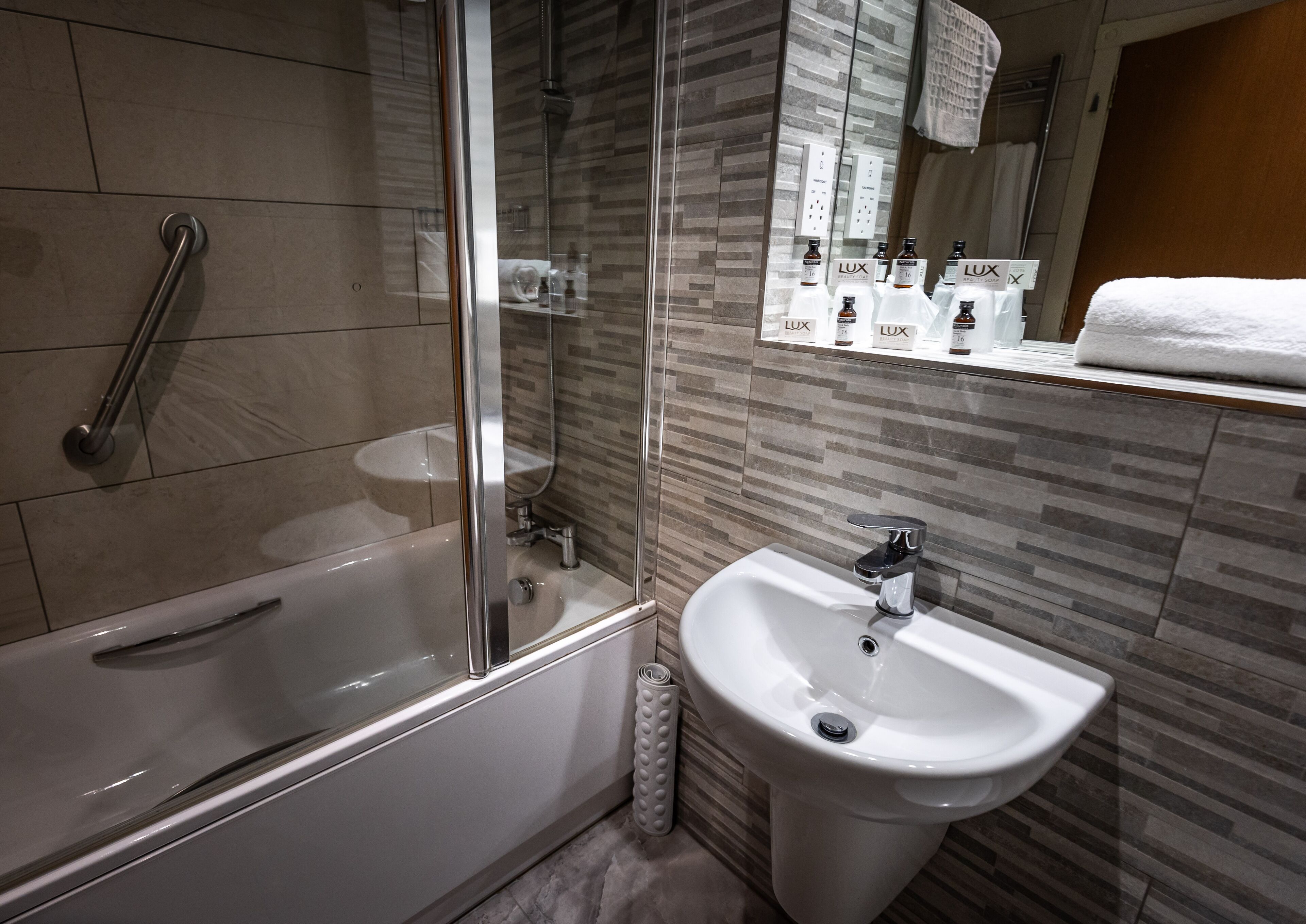 free toiletries, hair dryer, towels