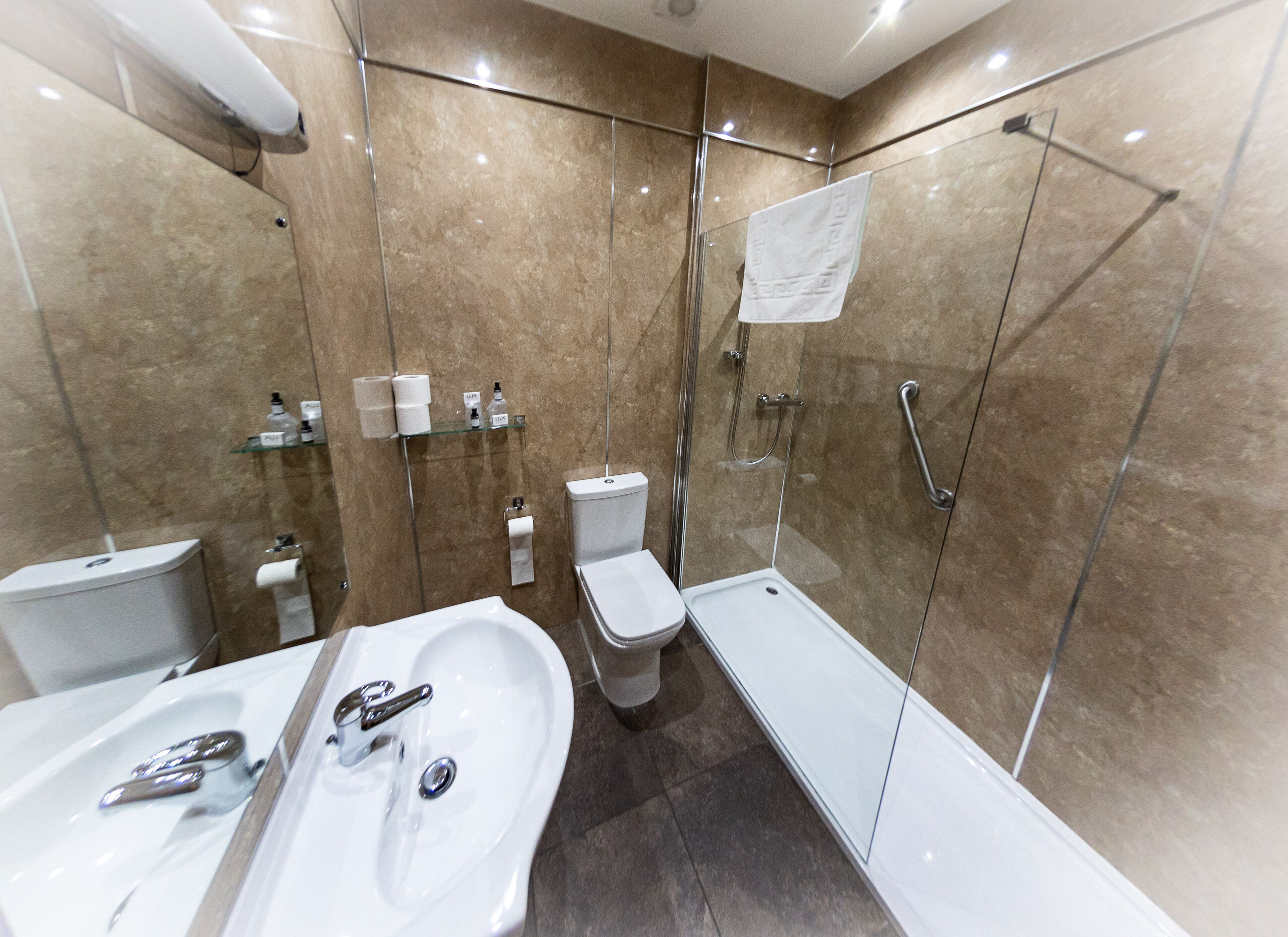 free toiletries, hair dryer, towels