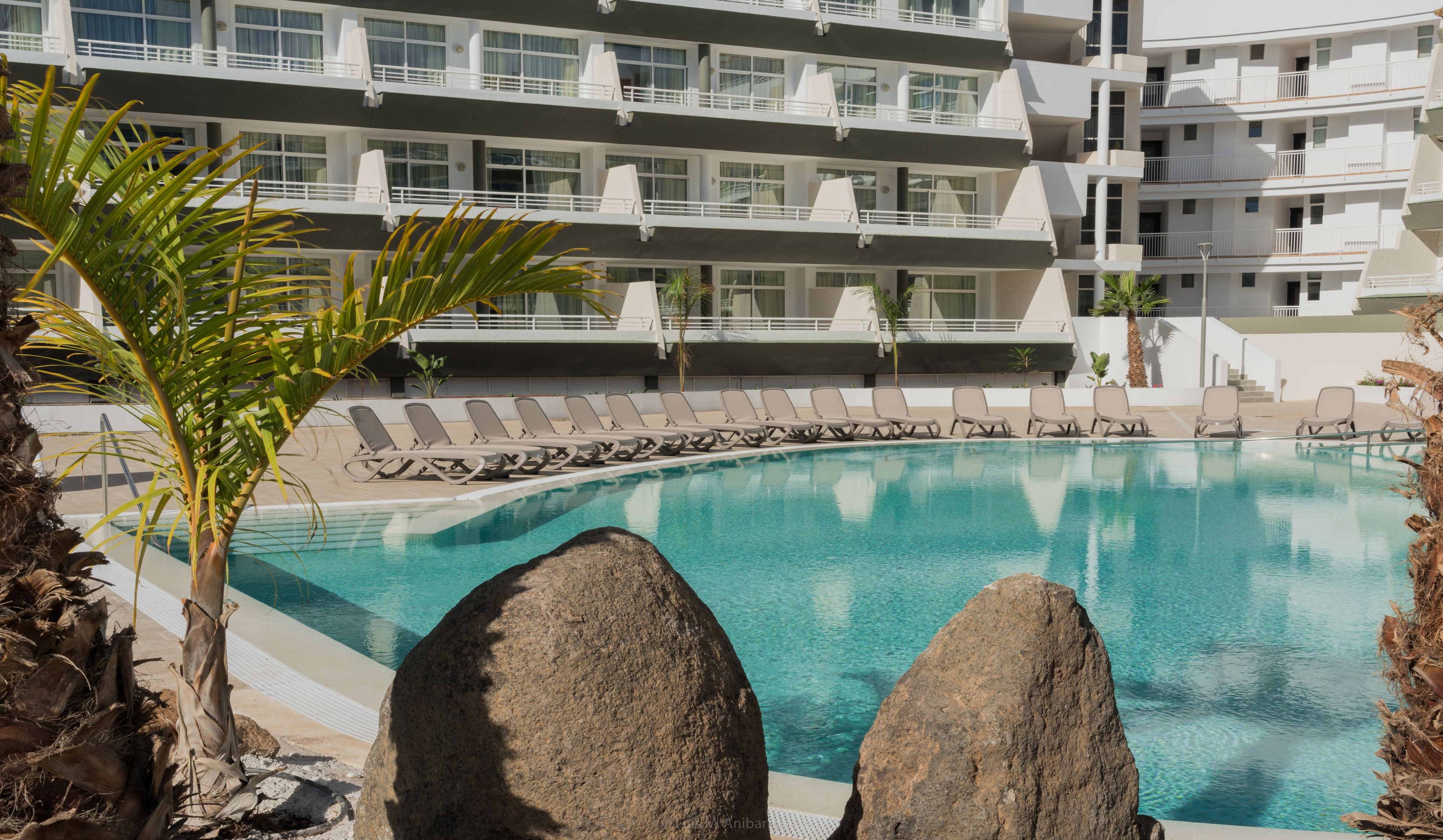Una piscina con sillones de descanso y una palmera, rodeada por un edificio de varios pisos con balcones.