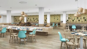 A spacious hotel lobby with a central bar area, multiple seating arrangements, and a decorative wall with plants. - Gara Suites Golf & SPA (Arona)