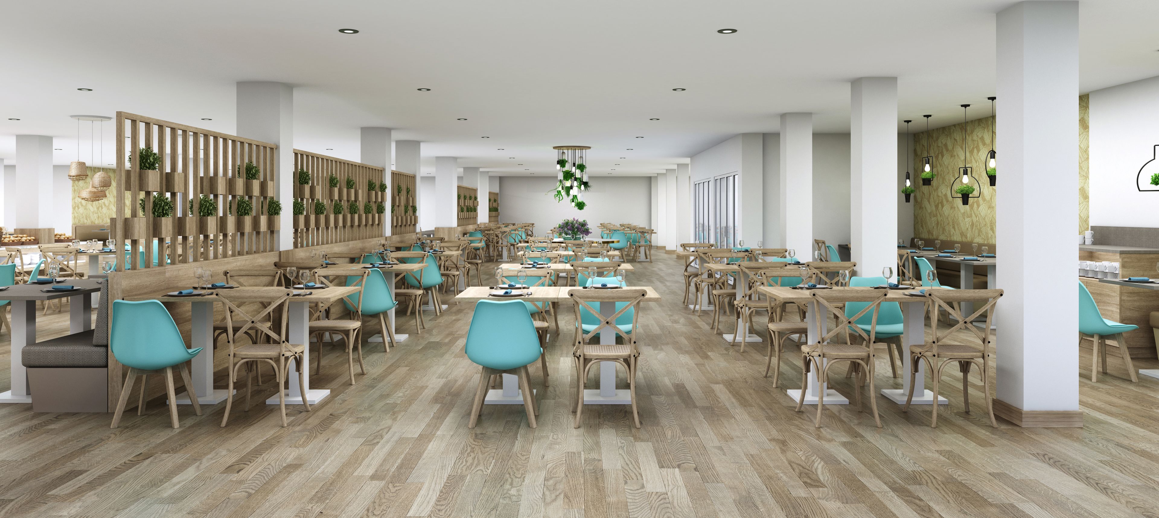 A spacious restaurant with wooden flooring, teal chairs, and a modern interior design.