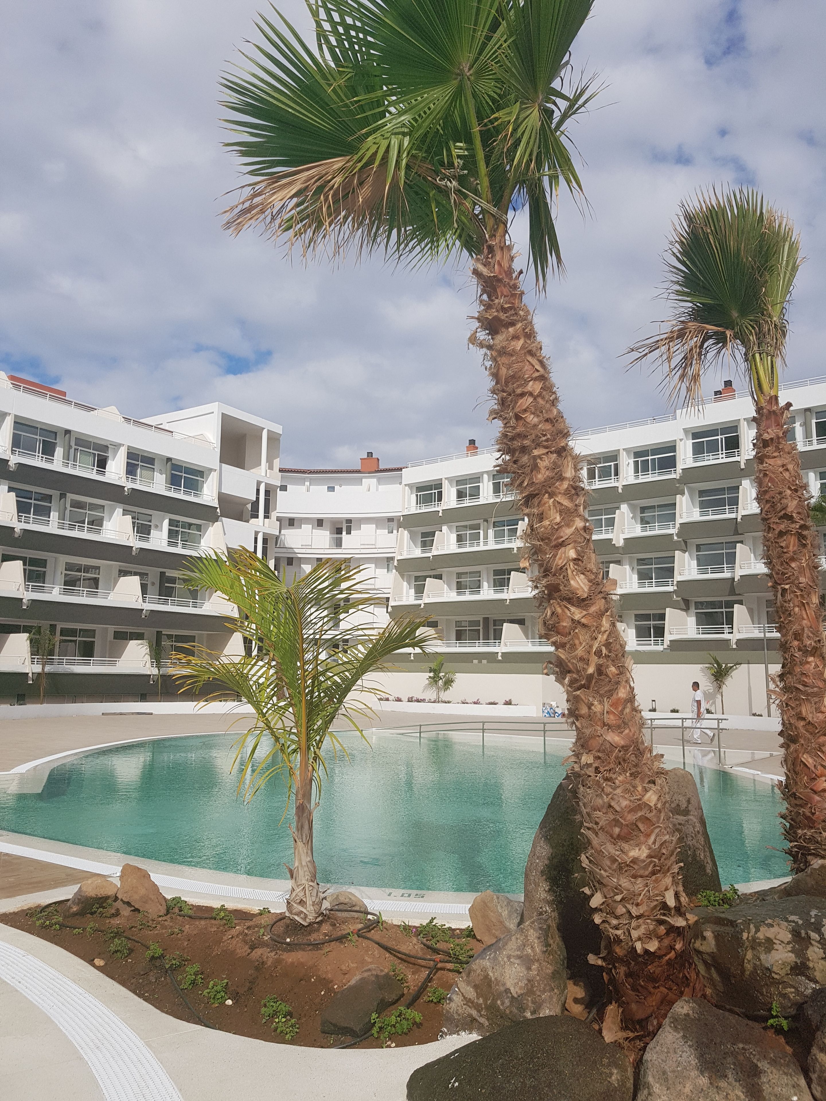 A pool area with palm trees and a building with multiple balconies in the background.