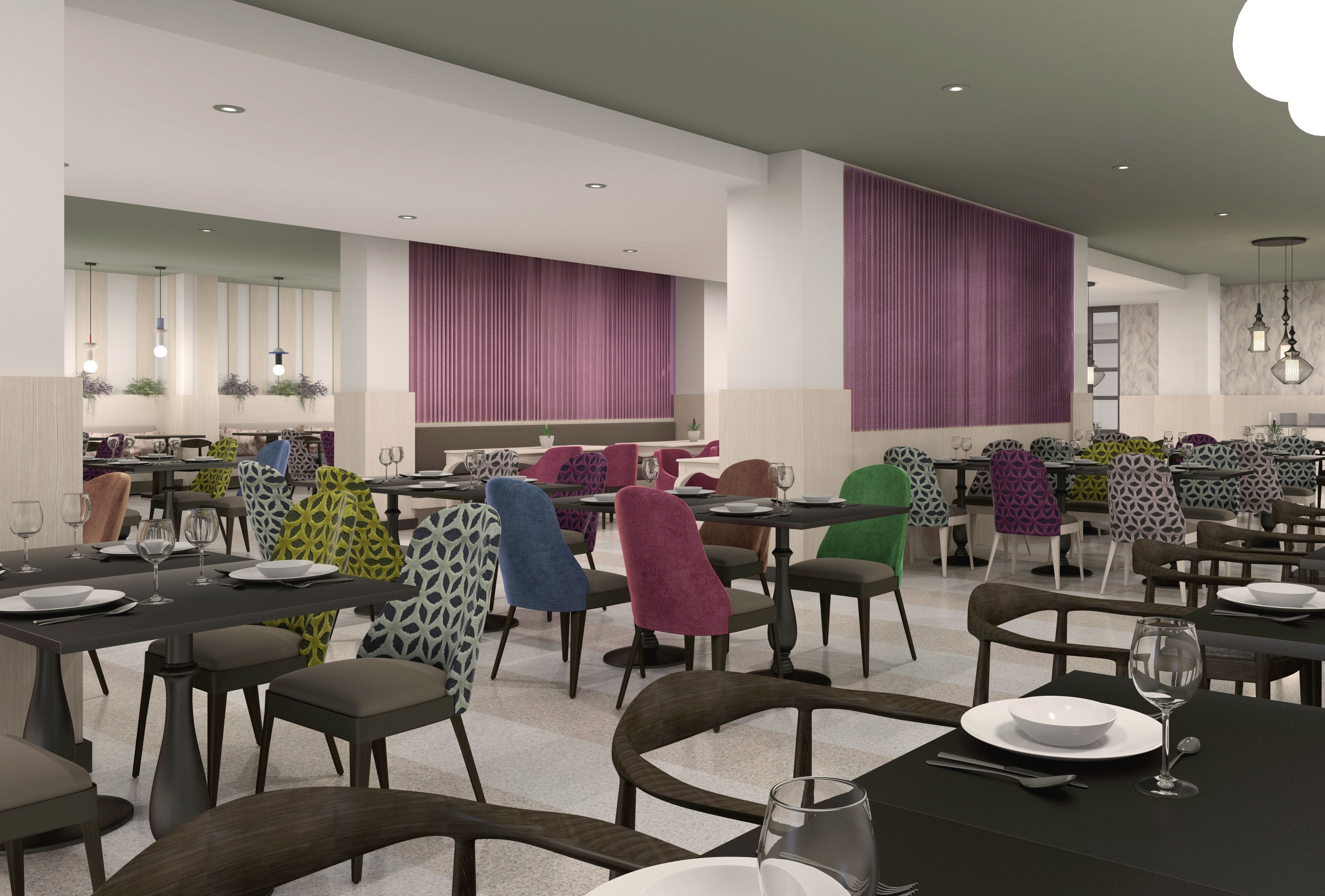 Un espace de restauration moderne doté de plusieurs tables et chaises, avec un mélange de tissus d’ameublement à motifs et unis.