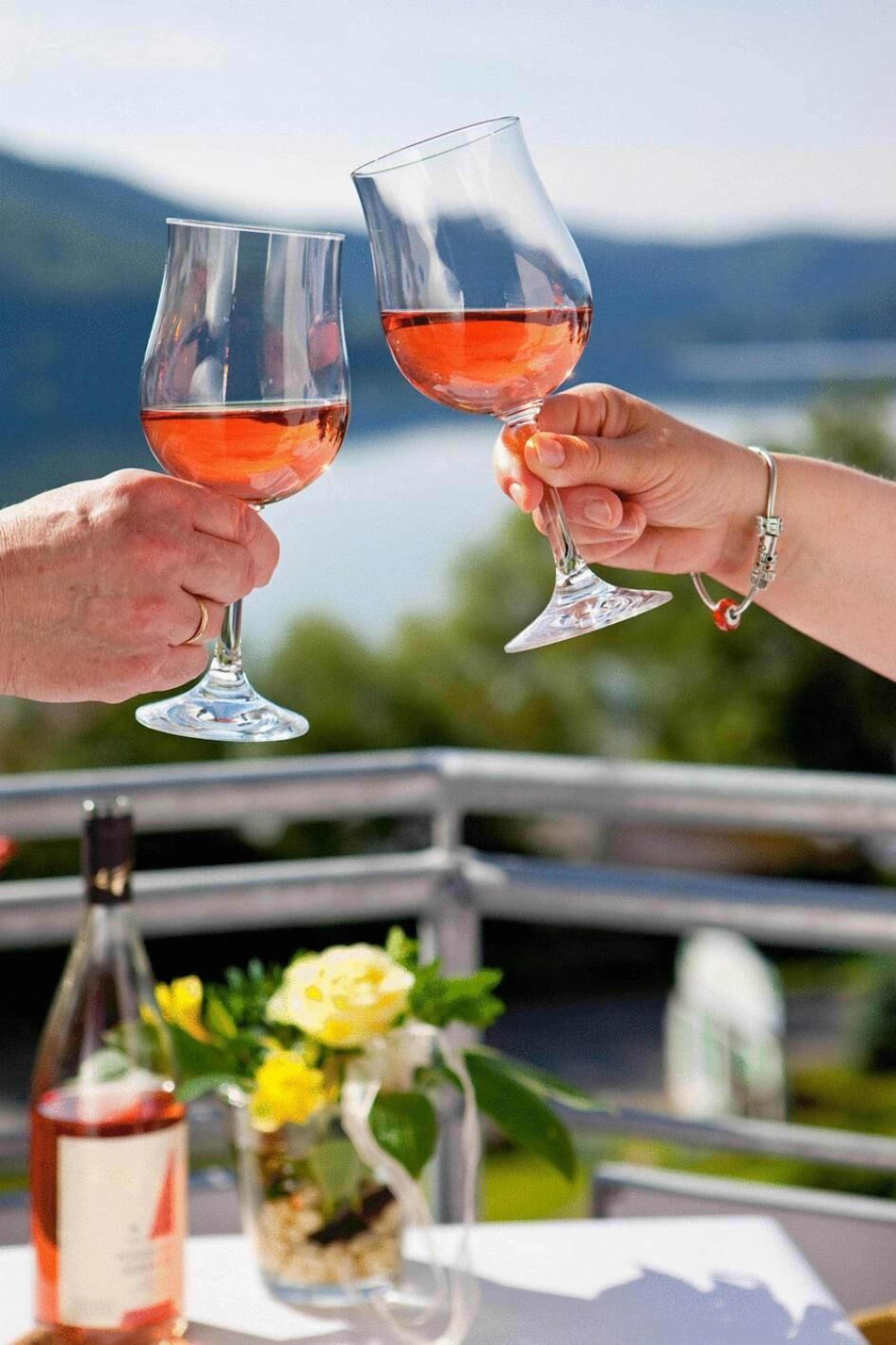 Två personer skålar med vinglas, en vinflaska och en vas med blommor står på en balkong med utsikt över bergen.