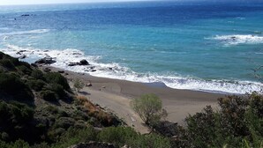 Un paisaje costero con una playa arenosa, un litoral rocoso y abundante vegetación.