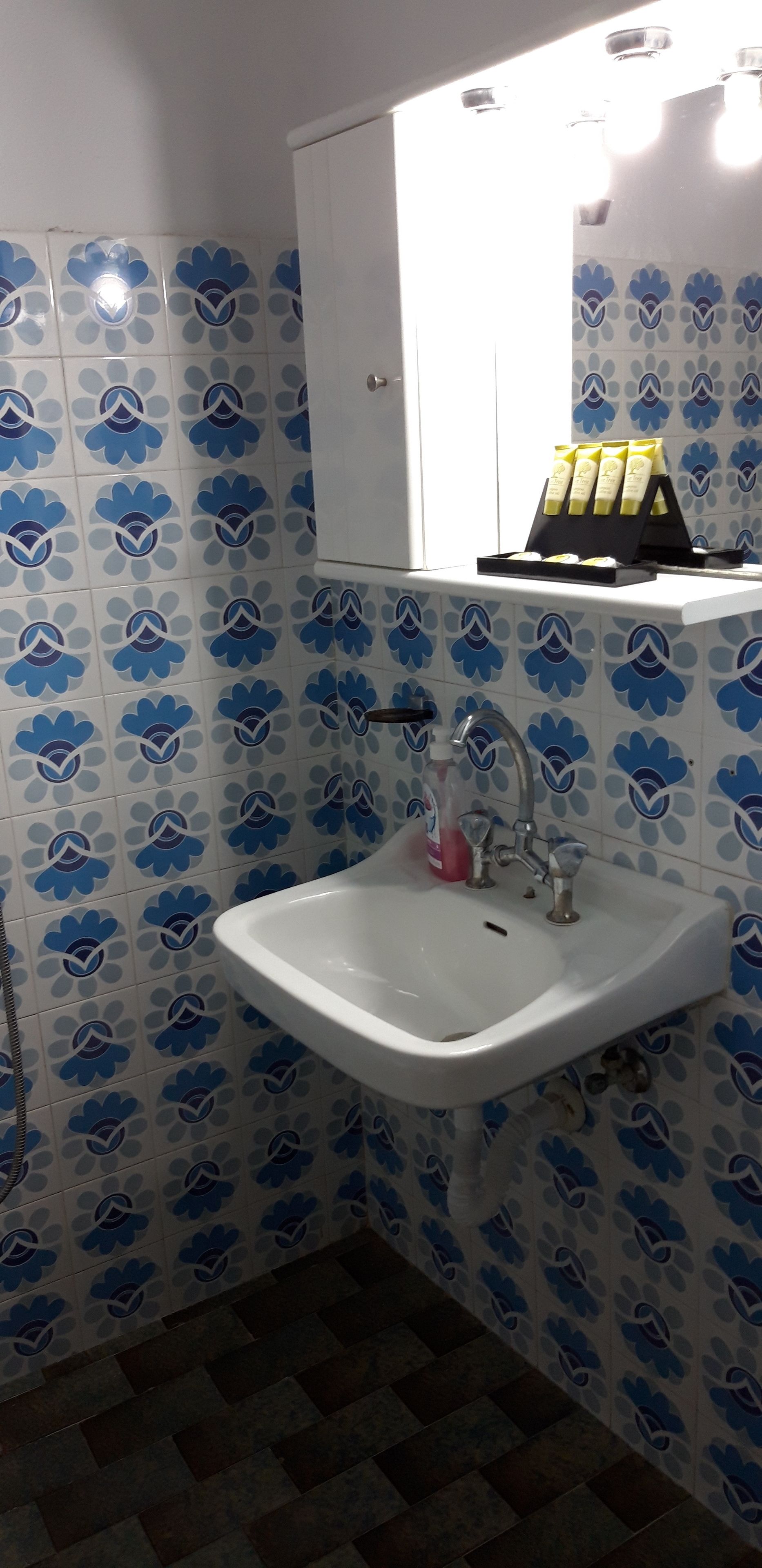 A bathroom with blue and white patterned tiles, a white sink, and a mirror above it.