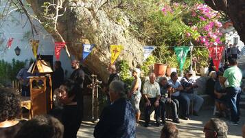 A group of people gathered outdoors, some standing and some seated, with a large tree and potted plants in the background.