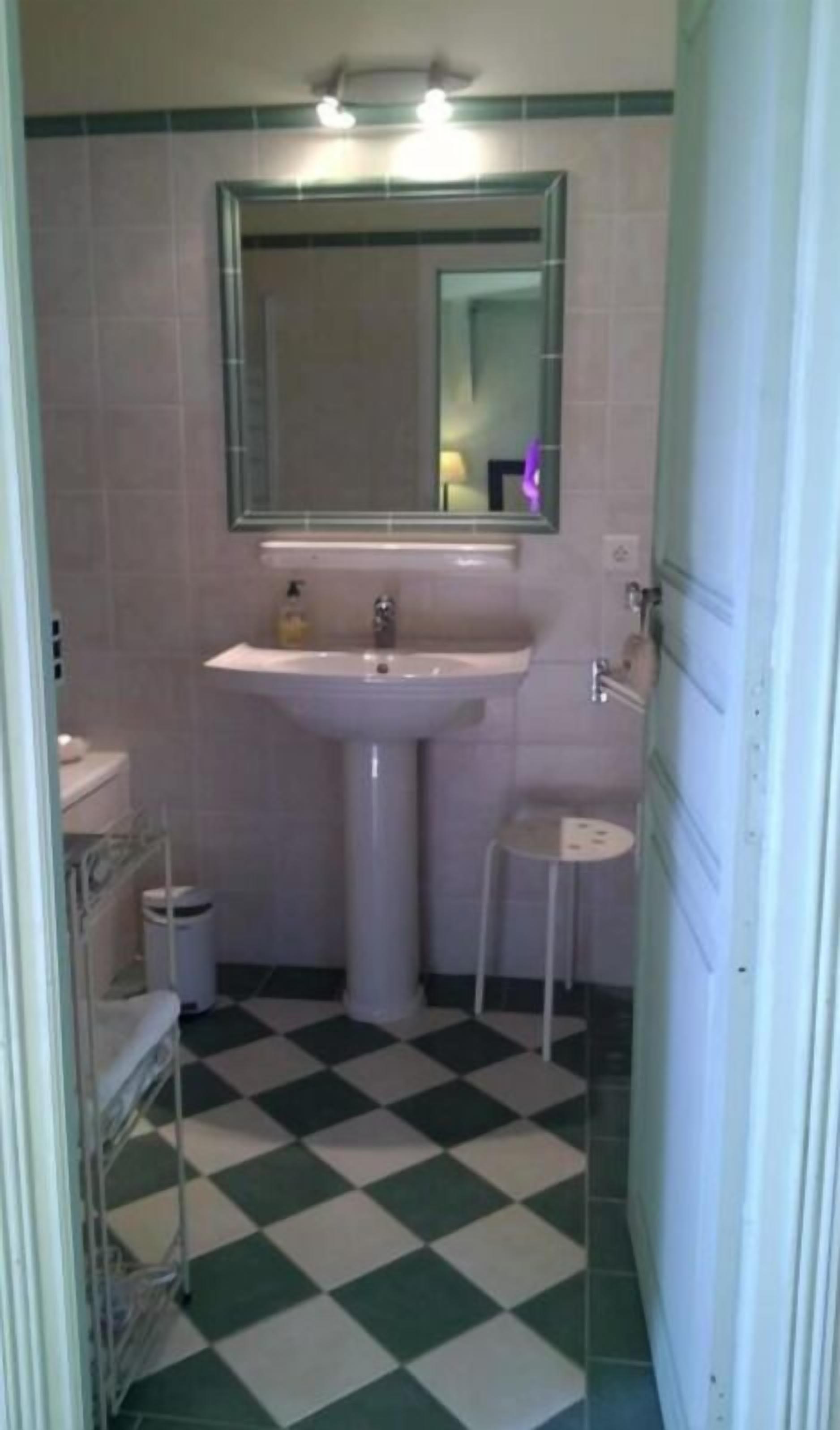 Een badkamer met een witte wastafel, een spiegel erboven en een zwart-wit betegelde vloer.