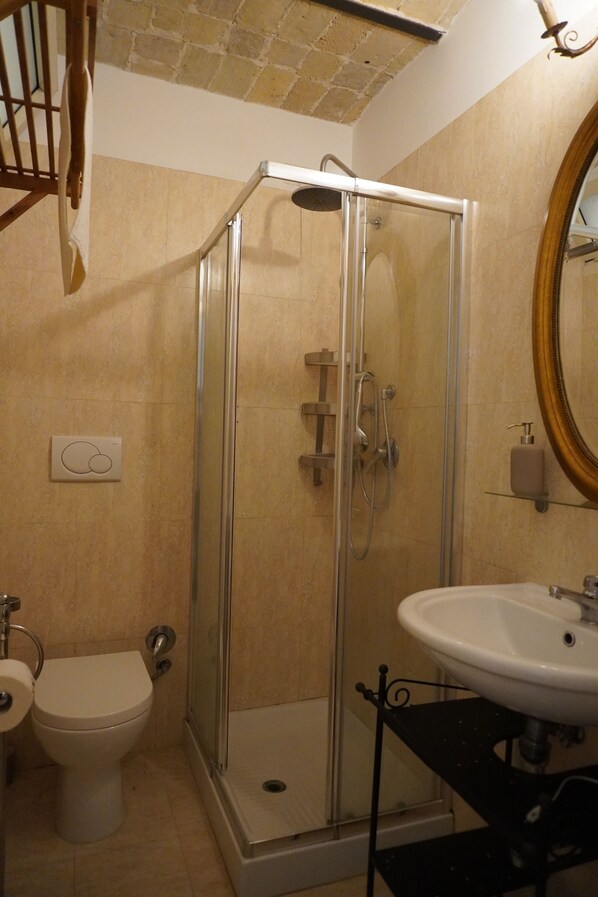 Un baño con ducha de vidrio, inodoro y lavamanos sobre un soporte de metal negro.