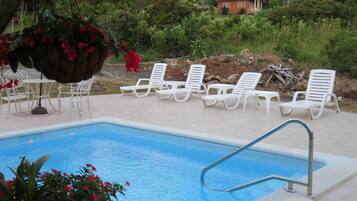 Outdoor pool, open 8 AM to 7:30 PM, pool umbrellas, sun loungers